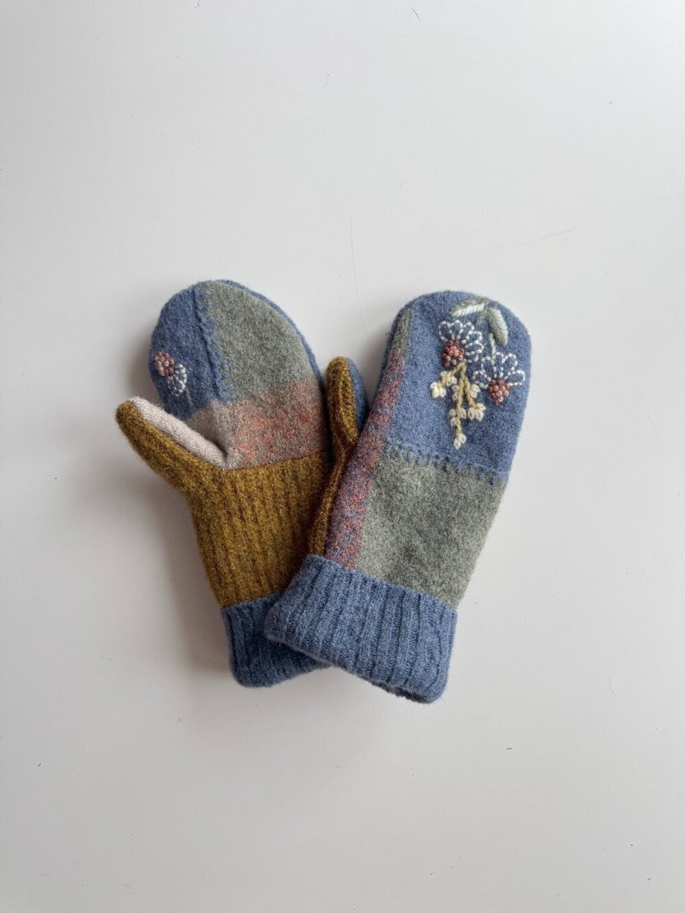 Handmade Upcycled Wool Sweater Embroidered Patchwork Mittens, One Size